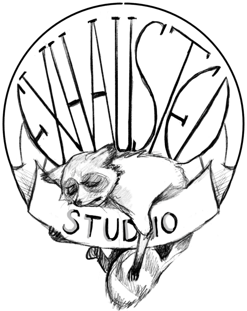 Exhausted Studio logo : an exhausted raccoon is sleeping on the word 'studio'